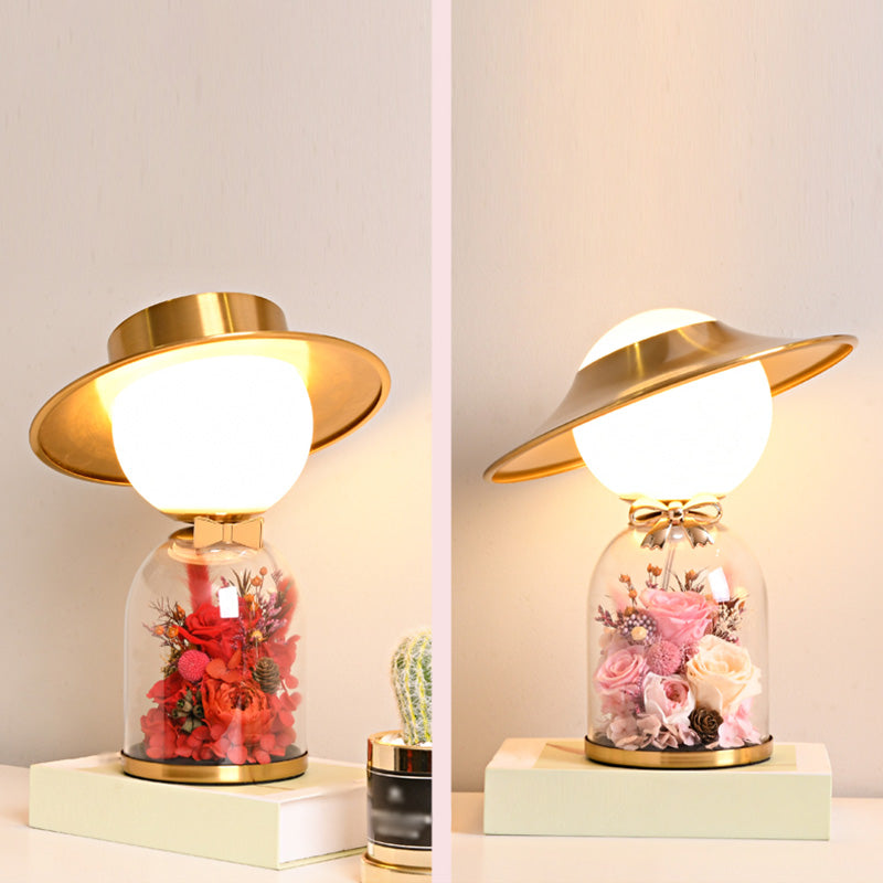 White Glass Newlywed Nightstand Lamp Modern 1-Bulb Gold Table Light with Flower Decor