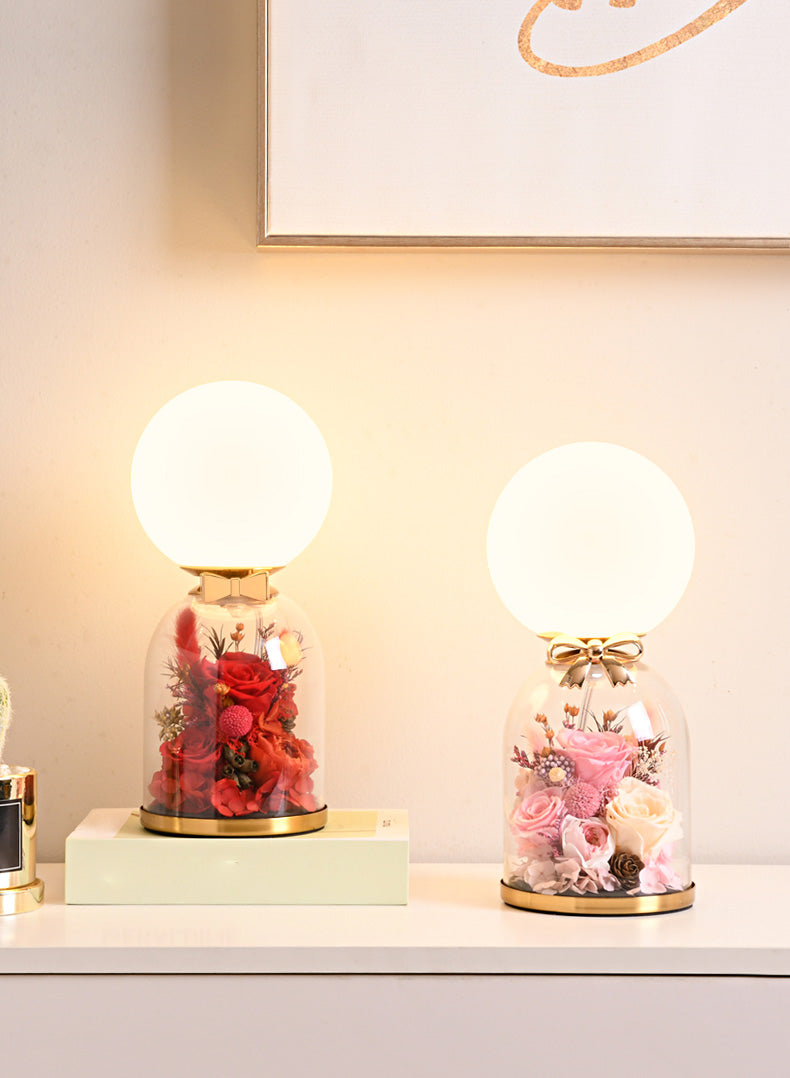 White Glass Newlywed Nightstand Lamp Modern 1-Bulb Gold Table Light with Flower Decor