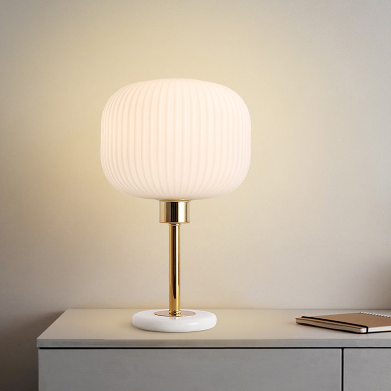 White Ribbed Glass Drum Shade Night Lamp Minimalist 1 Bulb Gold Table Light with Marble Base