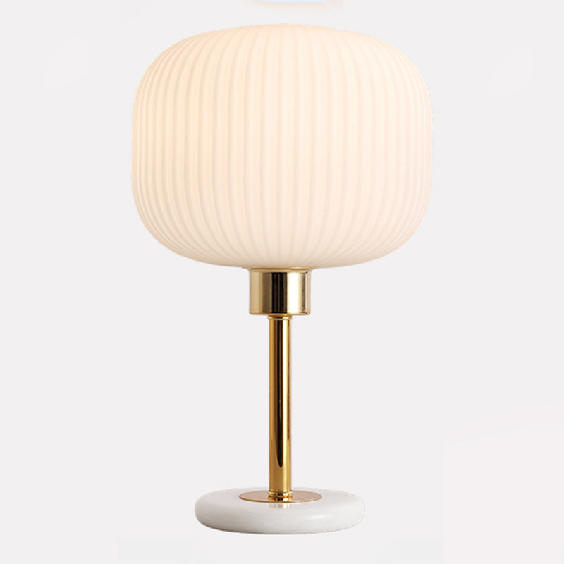 White Ribbed Glass Drum Shade Night Lamp Minimalist 1 Bulb Gold Table Light with Marble Base