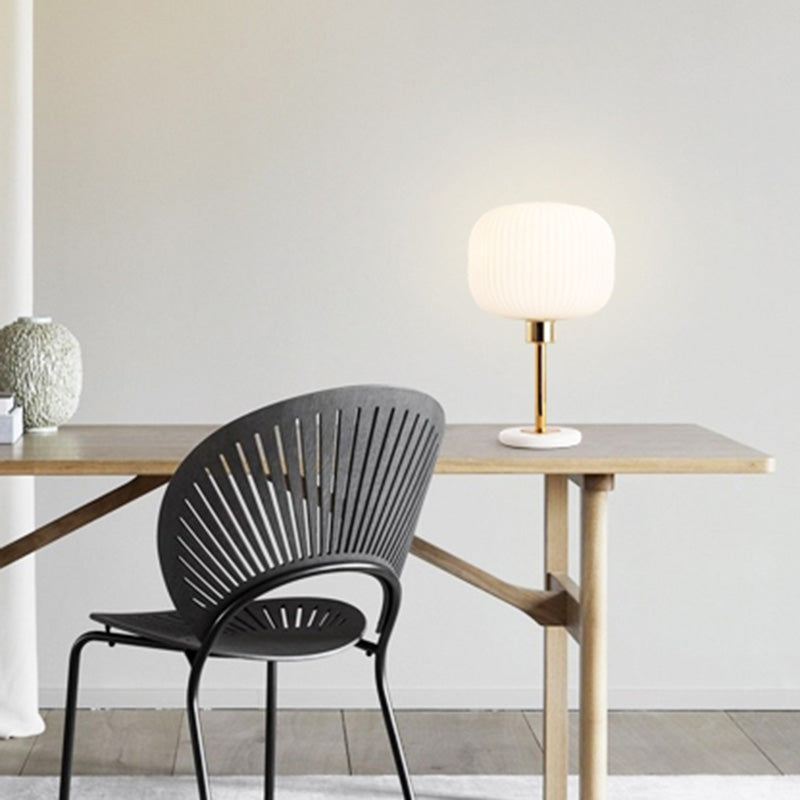White Ribbed Glass Drum Shade Night Lamp Minimalist 1 Bulb Gold Table Light with Marble Base