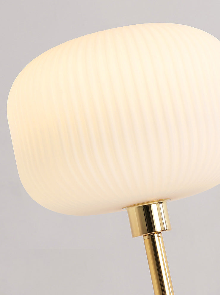 White Ribbed Glass Drum Shade Night Lamp Minimalist 1 Bulb Gold Table Light with Marble Base