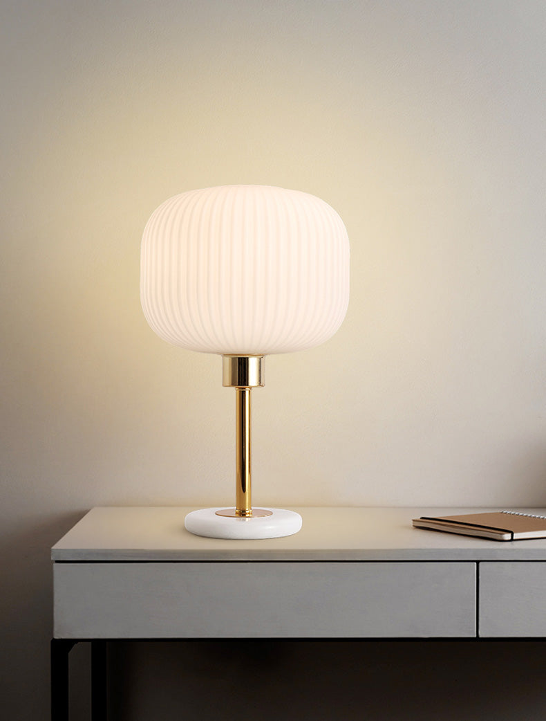 White Ribbed Glass Drum Shade Night Lamp Minimalist 1 Bulb Gold Table Light with Marble Base
