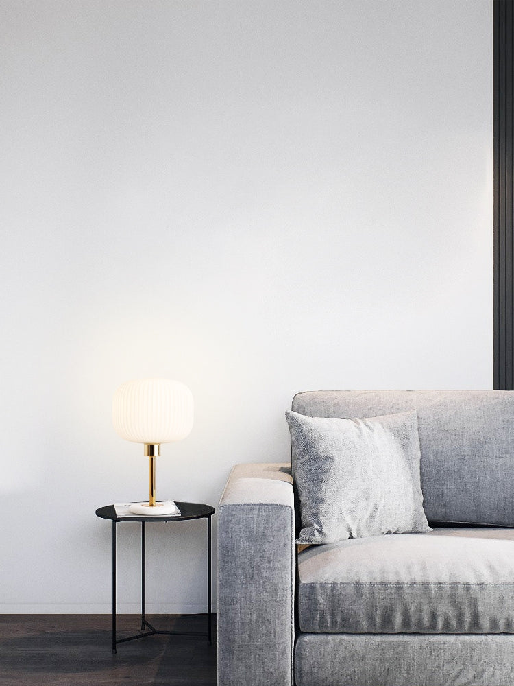 White Ribbed Glass Drum Shade Night Lamp Minimalist 1 Bulb Gold Table Light with Marble Base