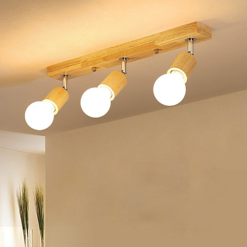 Modern Minimalist Rotatable Ceiling Light Wooden Bare Bulb Semi Flush Mount for Corridor
