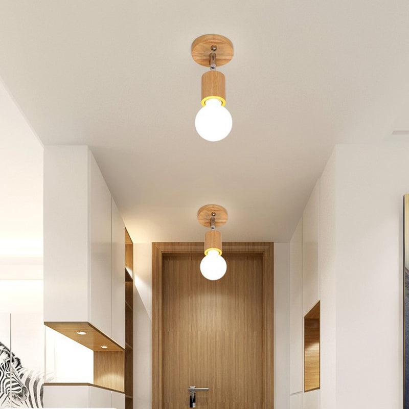Modern Minimalist Rotatable Ceiling Light Wooden Bare Bulb Semi Flush Mount for Corridor