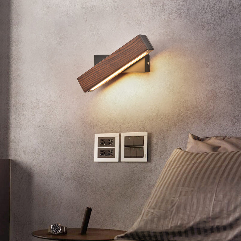 Log Color LED Wall Sconce in Modern Concise Style Wrought Iron Rectangular Rotatable Wall Lamp with Wooden Shade