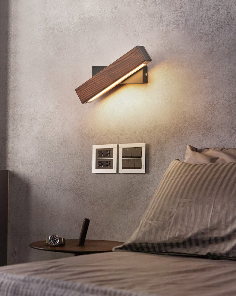 Log Color LED Wall Sconce in Modern Concise Style Wrought Iron Rectangular Rotatable Wall Lamp with Wooden Shade