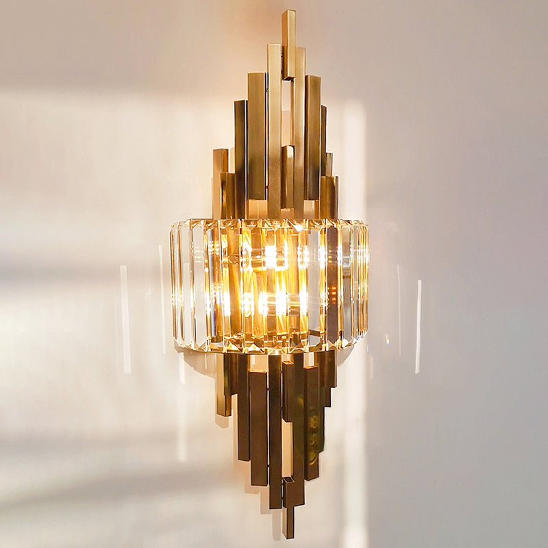 Gold Geometric Wall Sconce in Modern Luxury Style Metal Wall Lamp with Crystal Shade