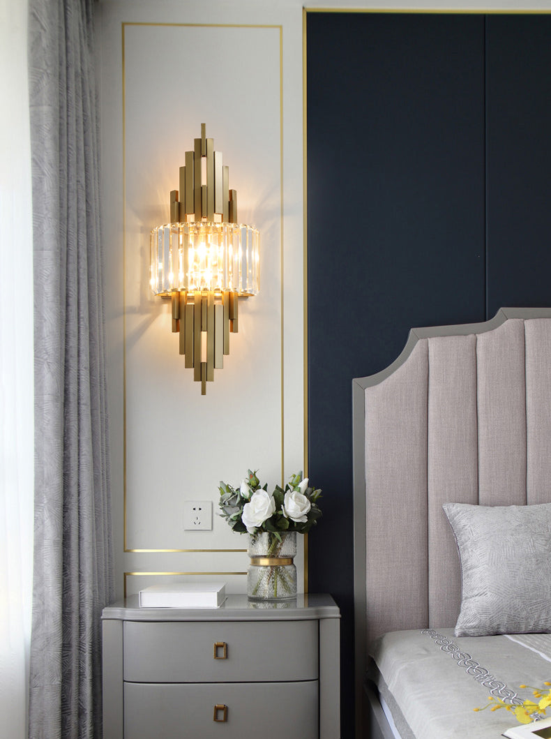 Gold Geometric Wall Sconce in Modern Luxury Style Metal Wall Lamp with Crystal Shade