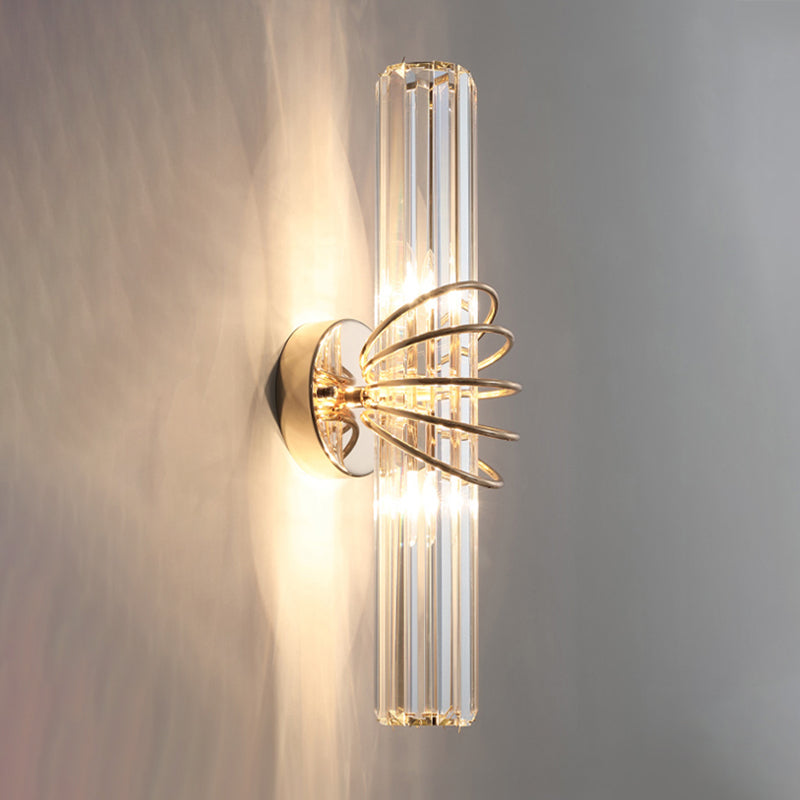 Gold Cylindrical Wall Lamp in Modern Luxury Style Wrought Iron 2-Light Wall Sconce with Crystal Shade