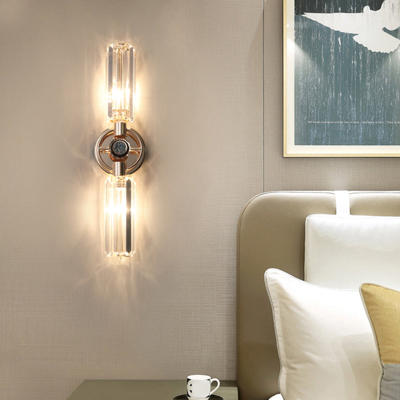 Gold Cylindrical Wall Lamp in Modern Luxury Style Wrought Iron 2-Light Wall Sconce with Crystal Shade