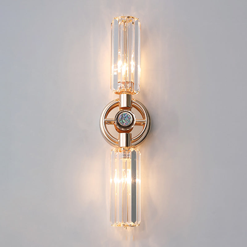 Gold Cylindrical Wall Lamp in Modern Luxury Style Wrought Iron 2-Light Wall Sconce with Crystal Shade