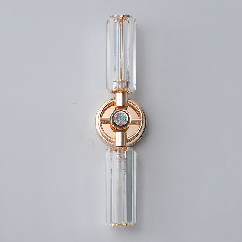 Gold Cylindrical Wall Lamp in Modern Luxury Style Wrought Iron 2-Light Wall Sconce with Crystal Shade