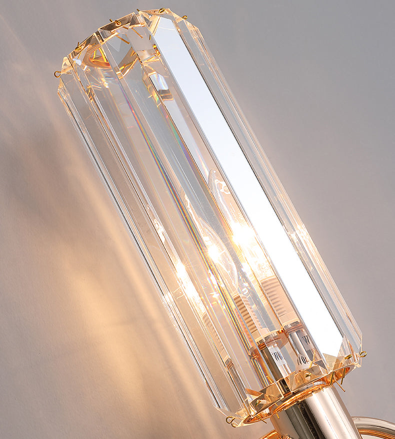 Gold Cylindrical Wall Lamp in Modern Luxury Style Wrought Iron 2-Light Wall Sconce with Crystal Shade