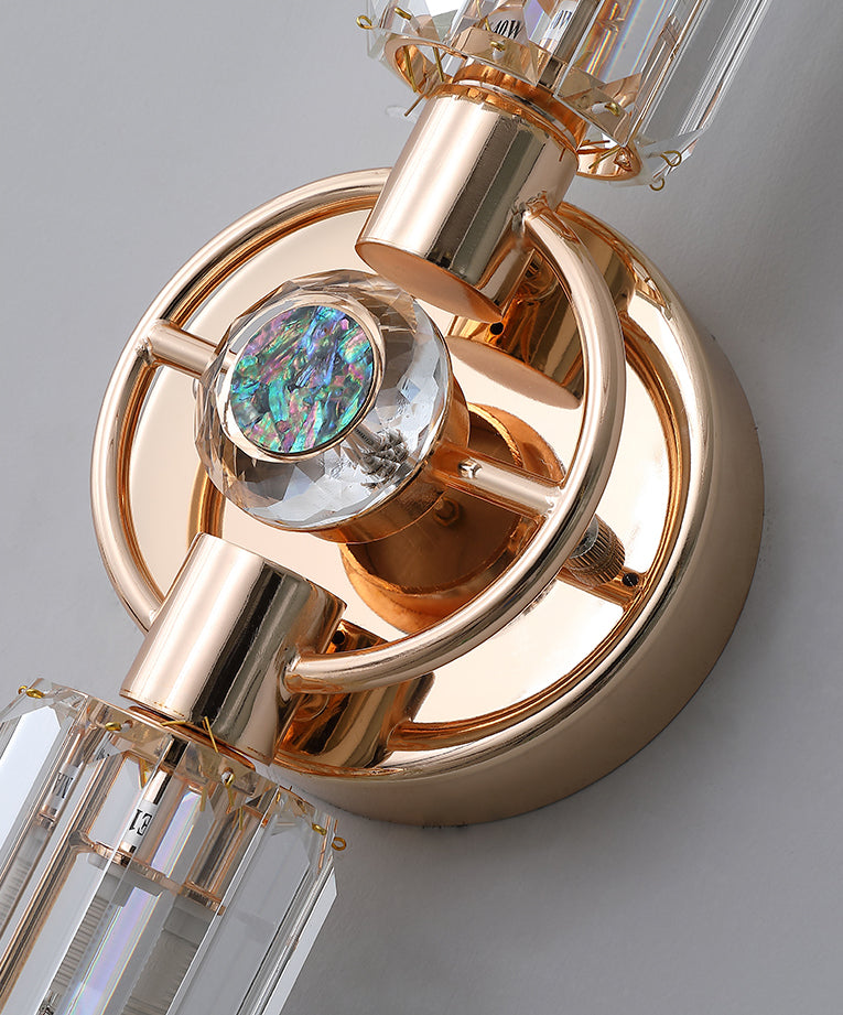Gold Cylindrical Wall Lamp in Modern Luxury Style Wrought Iron 2-Light Wall Sconce with Crystal Shade