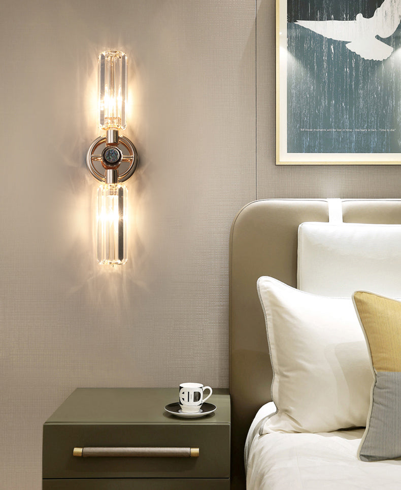 Gold Cylindrical Wall Lamp in Modern Luxury Style Wrought Iron 2-Light Wall Sconce with Crystal Shade