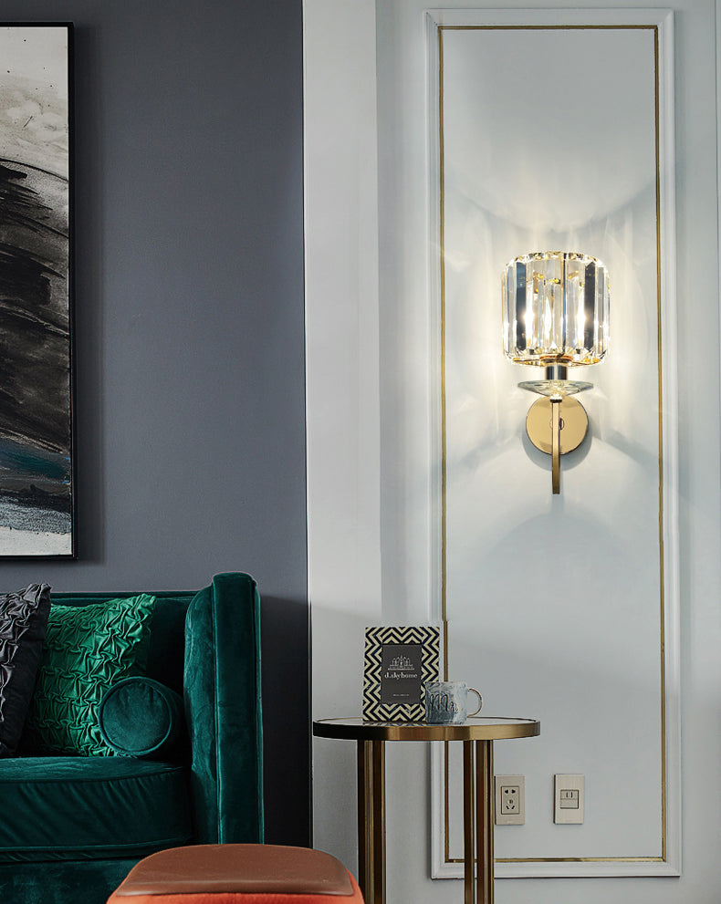 Gold Crystal Wall Sconce in Modern Luxury Style Wrought Iron Geometric Wall Lamp for Bedroom