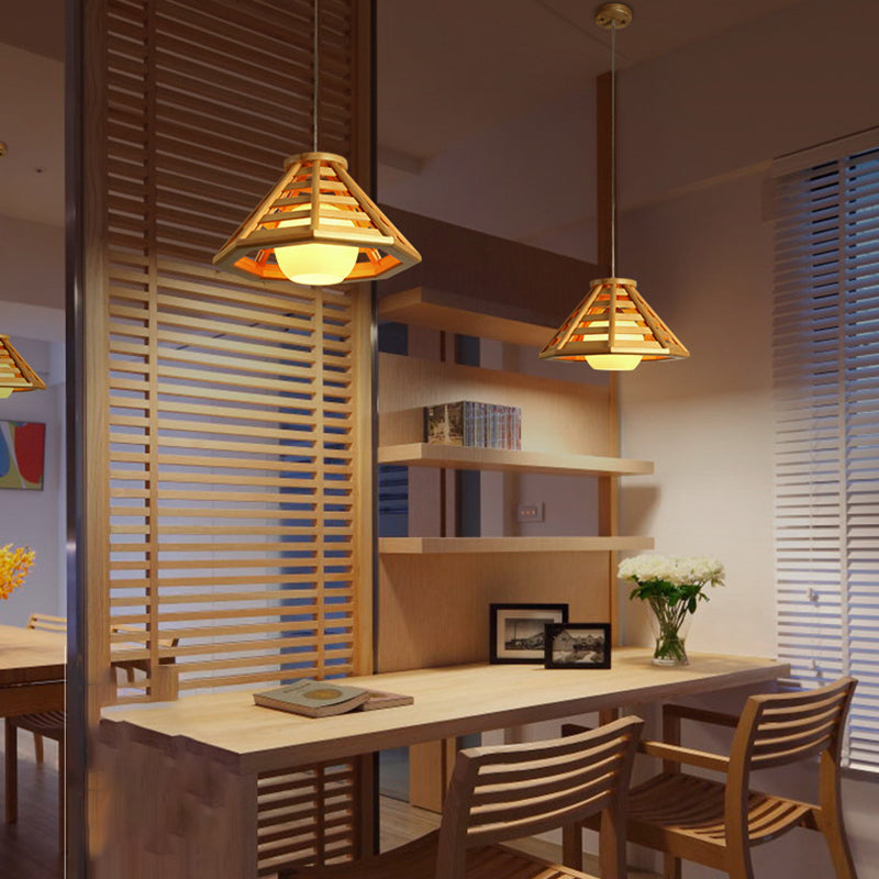 Log Color Truncated Cone Hanging Lamp in Modern Simplicity Wooden Pendant Light with Glass Shade