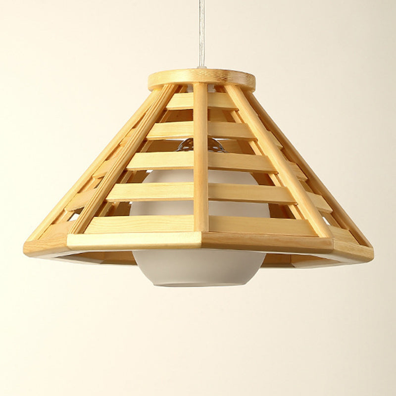 Log Color Truncated Cone Hanging Lamp in Modern Simplicity Wooden Pendant Light with Glass Shade