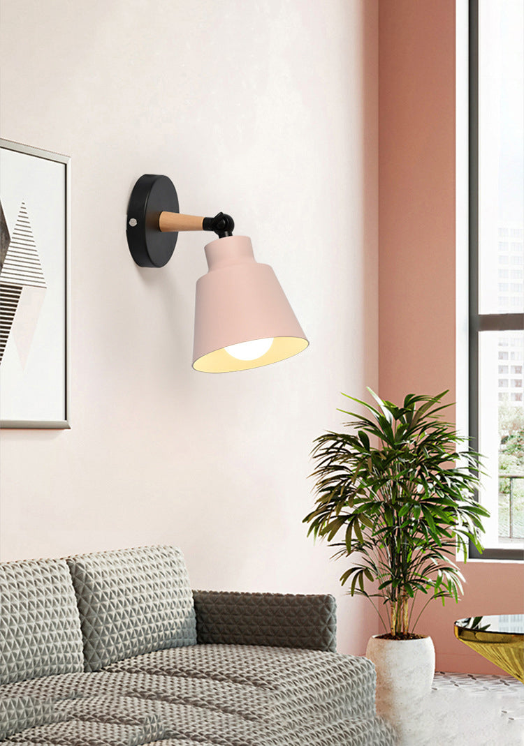 Modern Creative Macaron Wall Sconce Wooden Geometric Wall Lamp with Wrought Iron Shade