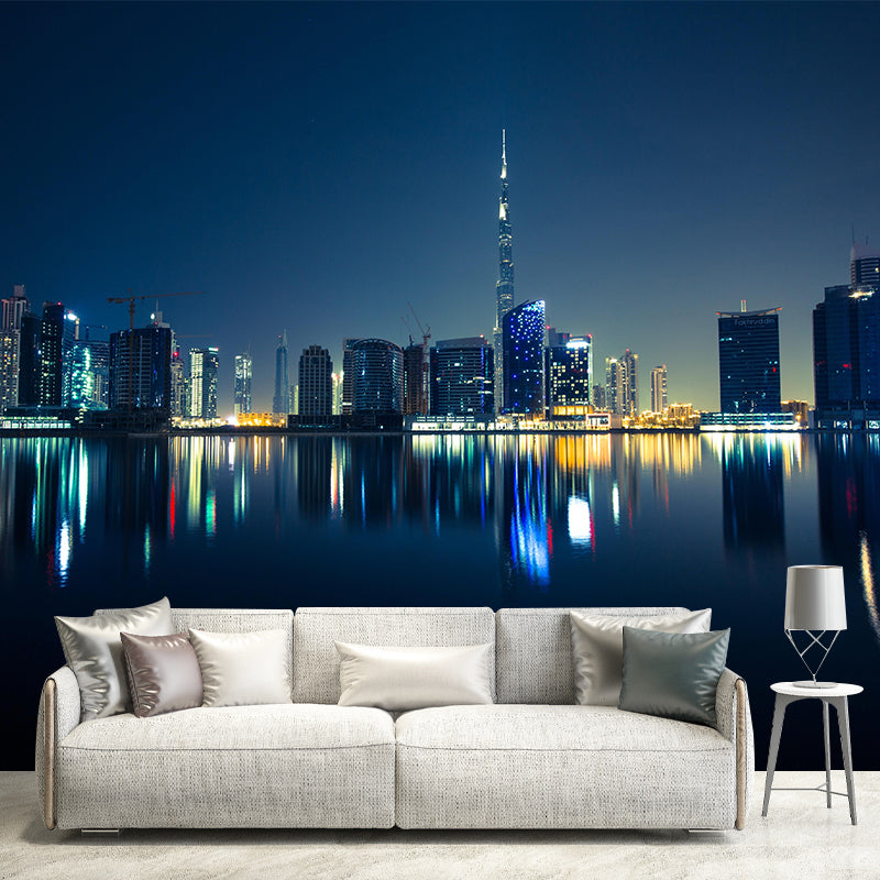 Dubai Night City View Mural Bright Stain Resistant Wall Covering for Living Room