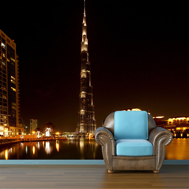 Dubai Night City View Mural Bright Stain Resistant Wall Covering for Living Room