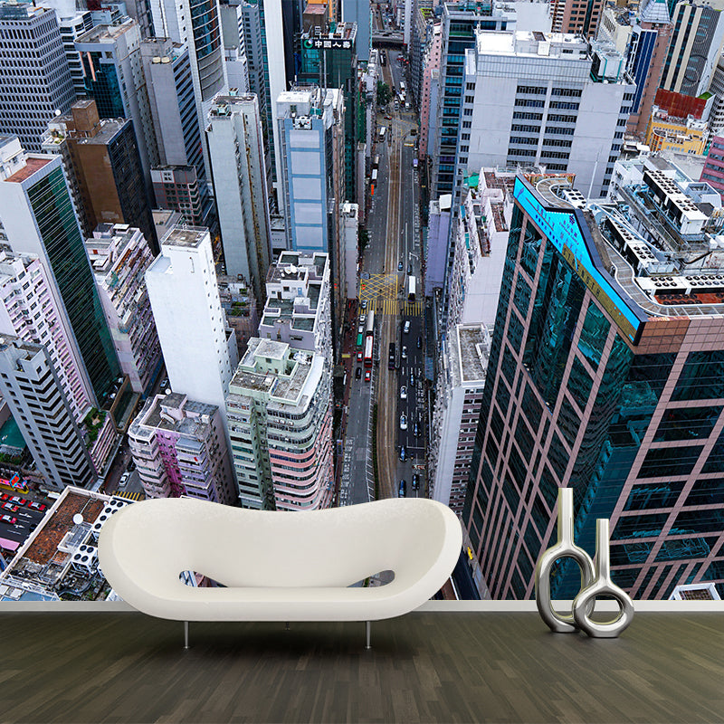Hongkong City View Mural Bright Stain Resistant Wall Covering for Living Room