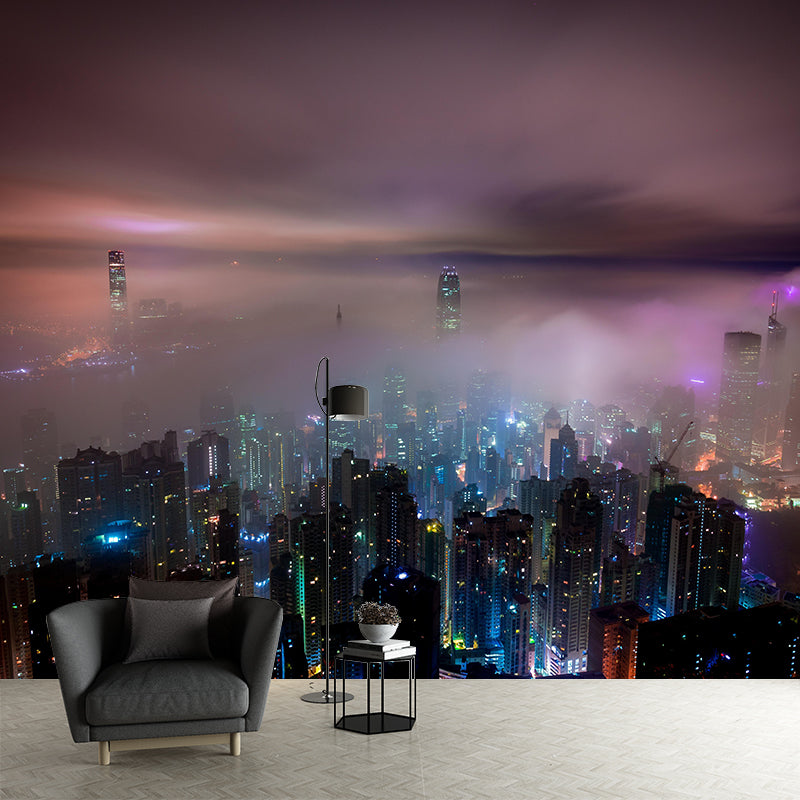 Hongkong City View Mural Bright Stain Resistant Wall Covering for Living Room