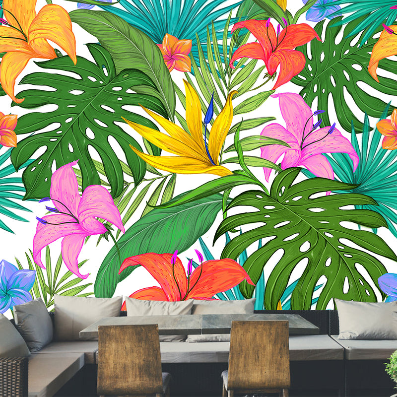 Illustration Ornamental Wall Mural Tropical Botanical Leaves Wall Covering for Dining Room