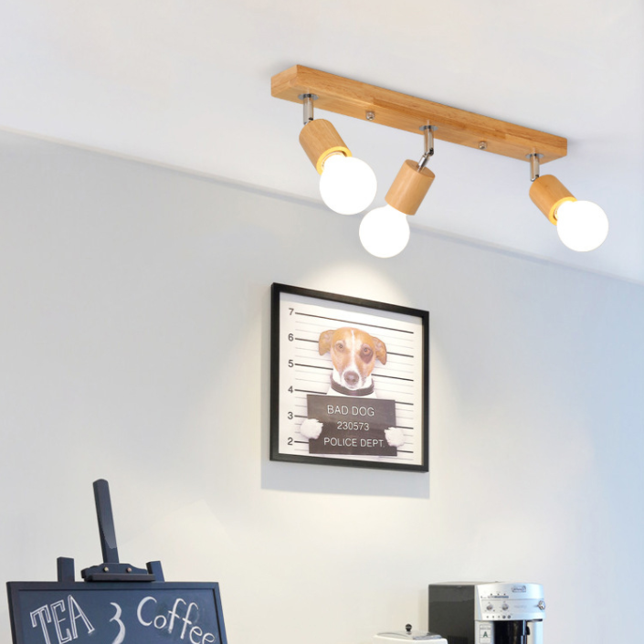Modern Minimalist Rotatable Ceiling Light Wooden Bare Bulb Semi Flush Mount for Corridor