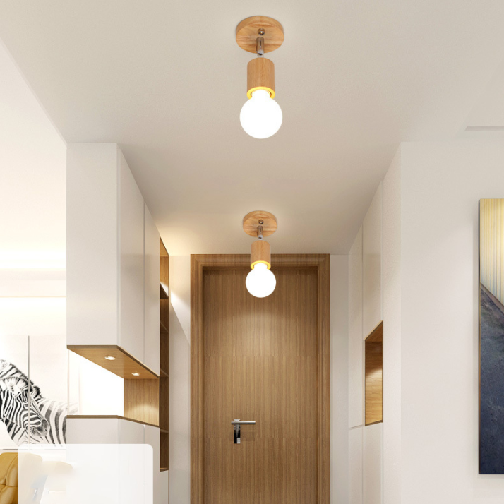 Modern Minimalist Rotatable Ceiling Light Wooden Bare Bulb Semi Flush Mount for Corridor