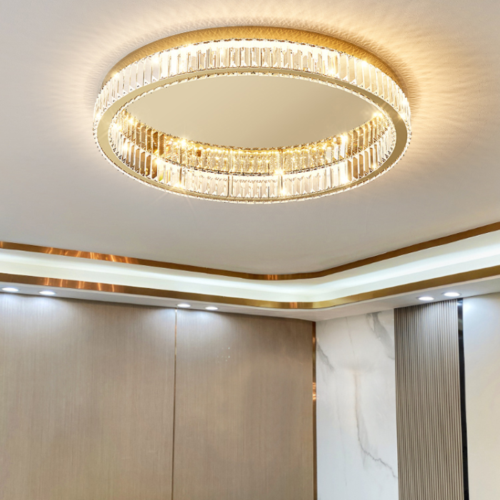 Lámpara de techo LED circular dorada de estilo moderno, montaje empotrado de acero inoxidable con pantalla de cristal