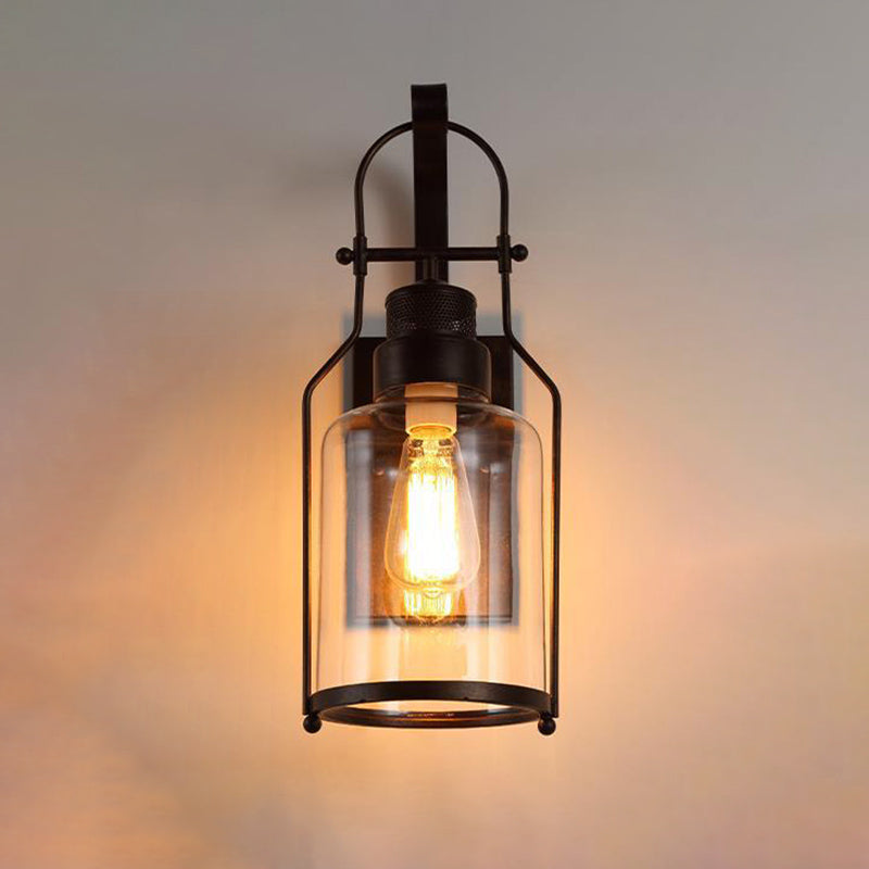 Schwarz 1-Licht-Wandmontage Leuchte Industrielle Clearglaszylinderlampe