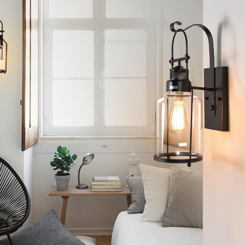 Schwarz 1-Licht-Wandmontage Leuchte Industrielle Clearglaszylinderlampe