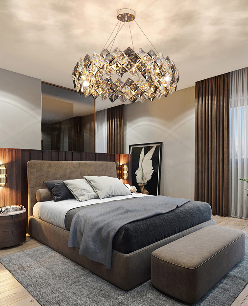 Contemporary Style Chandelier Lighting Fixtures Grey + Clear Crystal Hanging Lights for Living Room