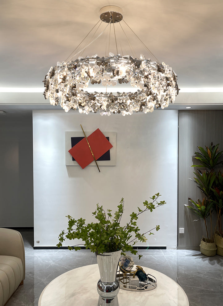 Flowering Butterfly Shape Crystal Circular Pendant Lamp for Living Room Bedroom