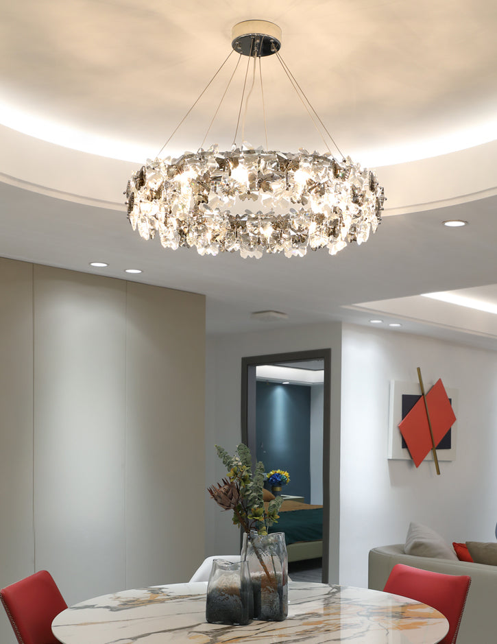 Flowering Butterfly Shape Crystal Circular Pendant Lamp for Living Room Bedroom