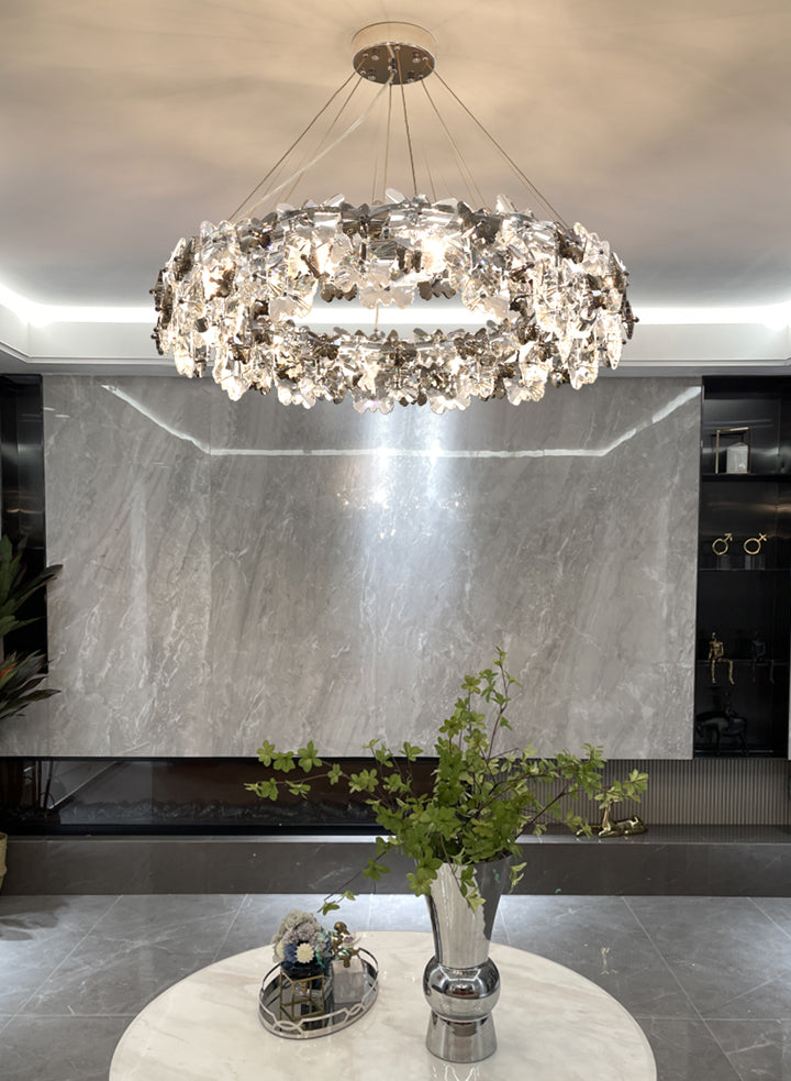 Flowering Butterfly Shape Crystal Circular Pendant Lamp for Living Room Bedroom