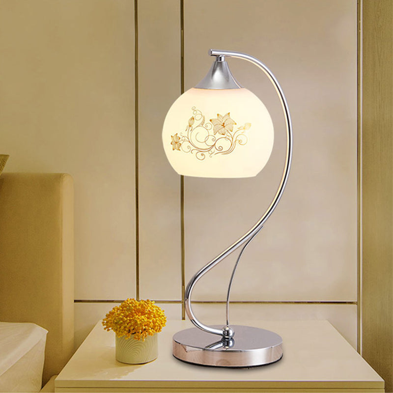 Silver Gooseneck Table Lamp Minimalist 1-Light Metal Table Light with Spherical White Glass Shade