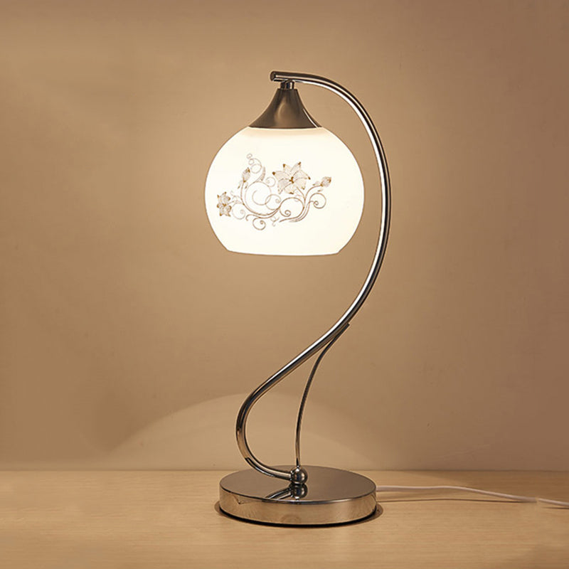 Silver Gooseneck Table Lamp Minimalist 1-Light Metal Table Light with Spherical White Glass Shade
