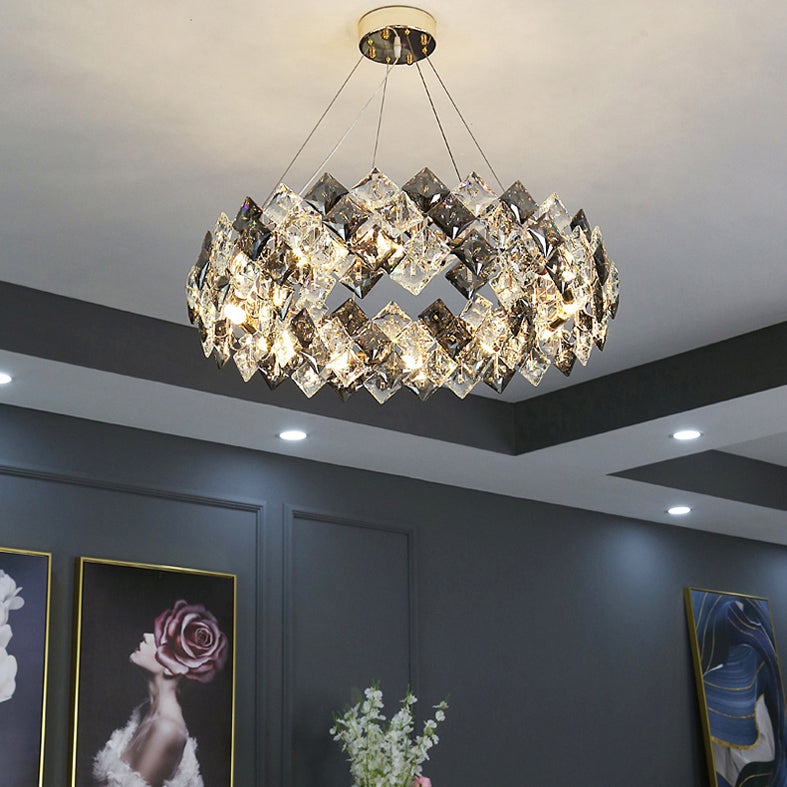 Contemporary Style Chandelier Lighting Fixtures Grey + Clear Crystal Hanging Lights for Living Room