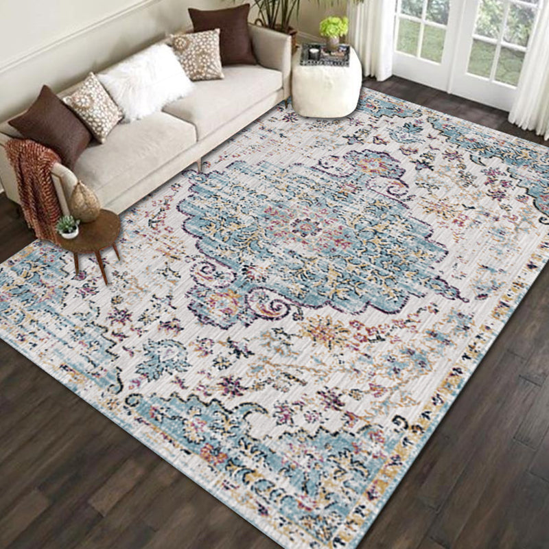 Whitewashed Ethnic Indoor Rug Distinctive Shabby Chic Rug Friendly Washable Carpet for Living Room