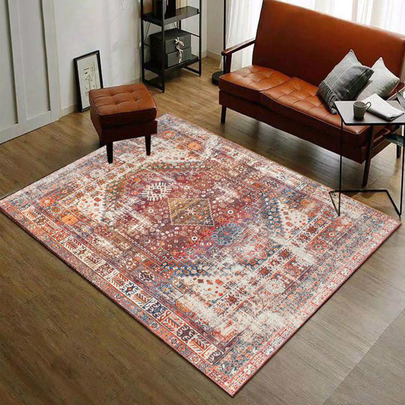 Red Whitewash Area Rug Shabby Chic Medallion Carpet Polyester Stain Resistant Rug for Living Room