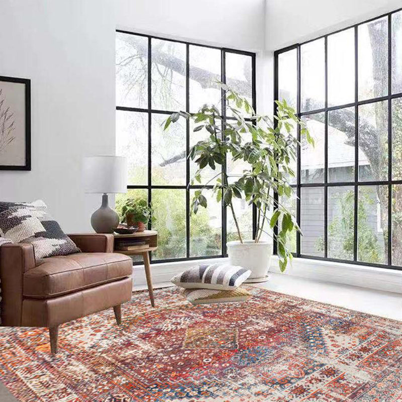 Red Whitewash Area Rug Shabby Chic Medallion Carpet Polyester Stain Resistant Rug for Living Room