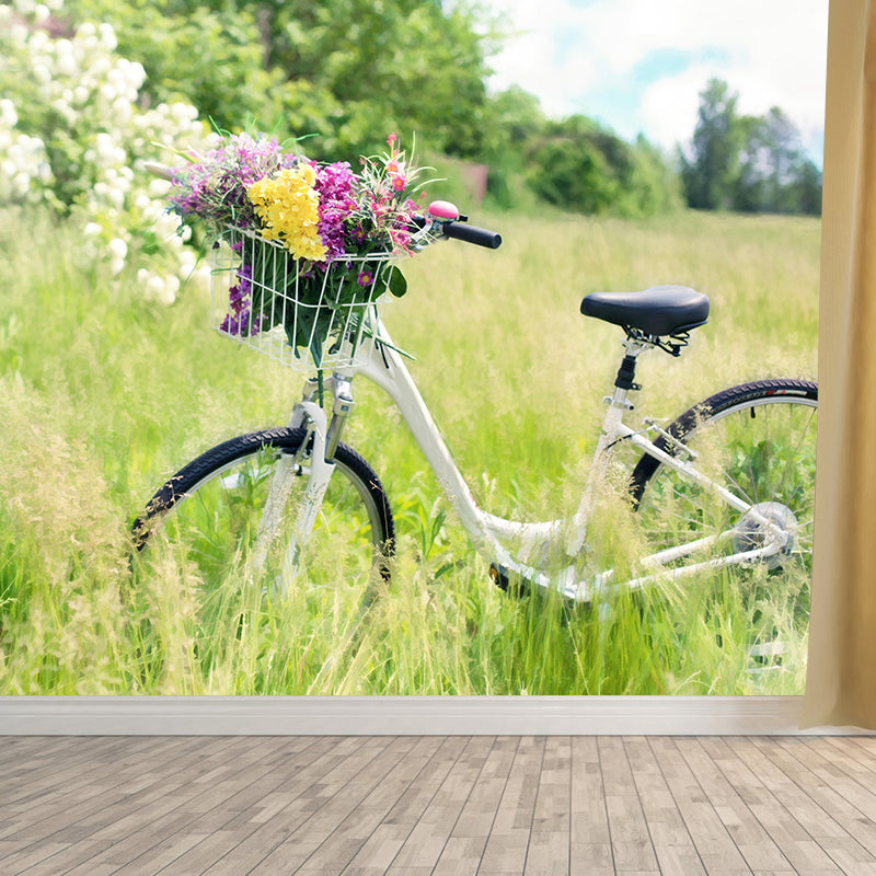 Modern Photography Mural with Bike and Flower Wallpaper Wall Covering for Dining Room