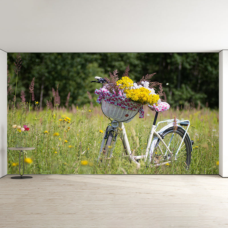 Modern Photography Mural with Bike and Flower Wallpaper Wall Covering for Dining Room