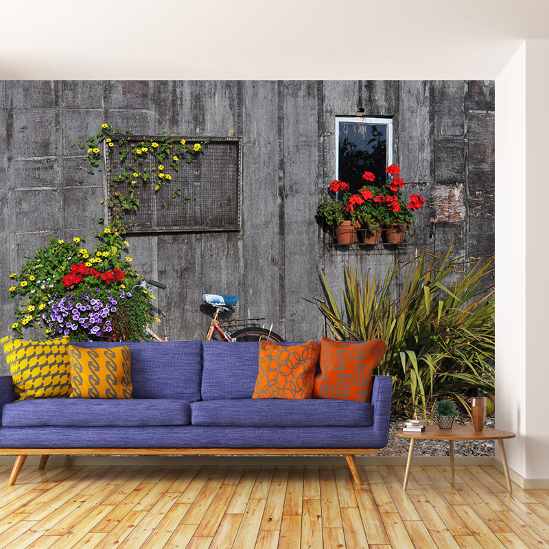 Modern Photography Mural with Bike and Flower Wallpaper Wall Covering for Dining Room