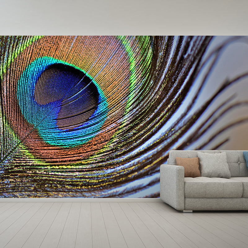 Minimalism Peacock Feather Wall Murals Moisture Resistant Wall Covering for Bedroom