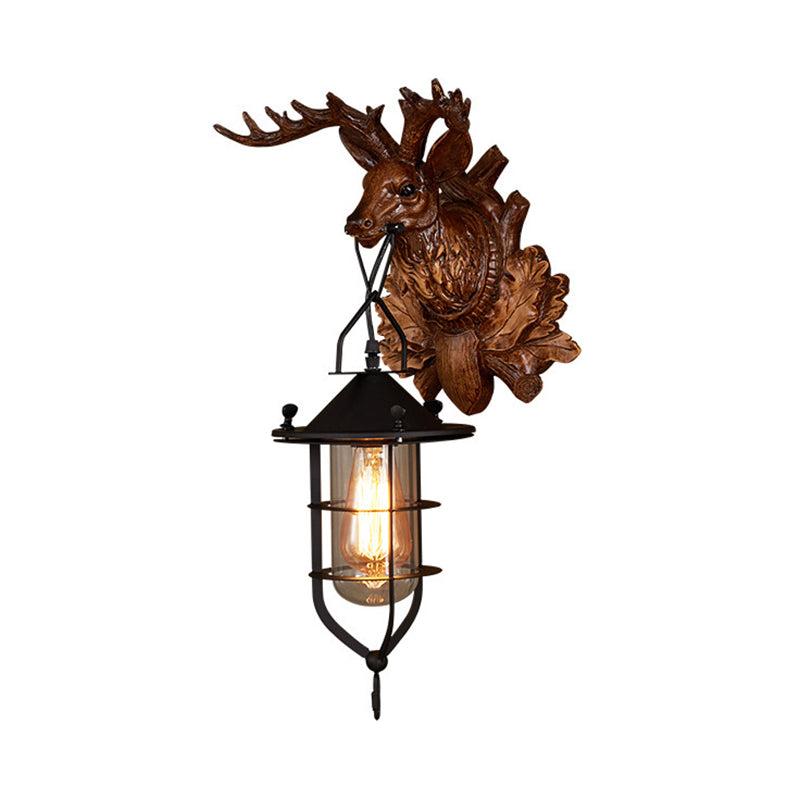 1 lampe murale de wapiti clair country en bois foncé résine applique luminaire pour le salon avec cage
